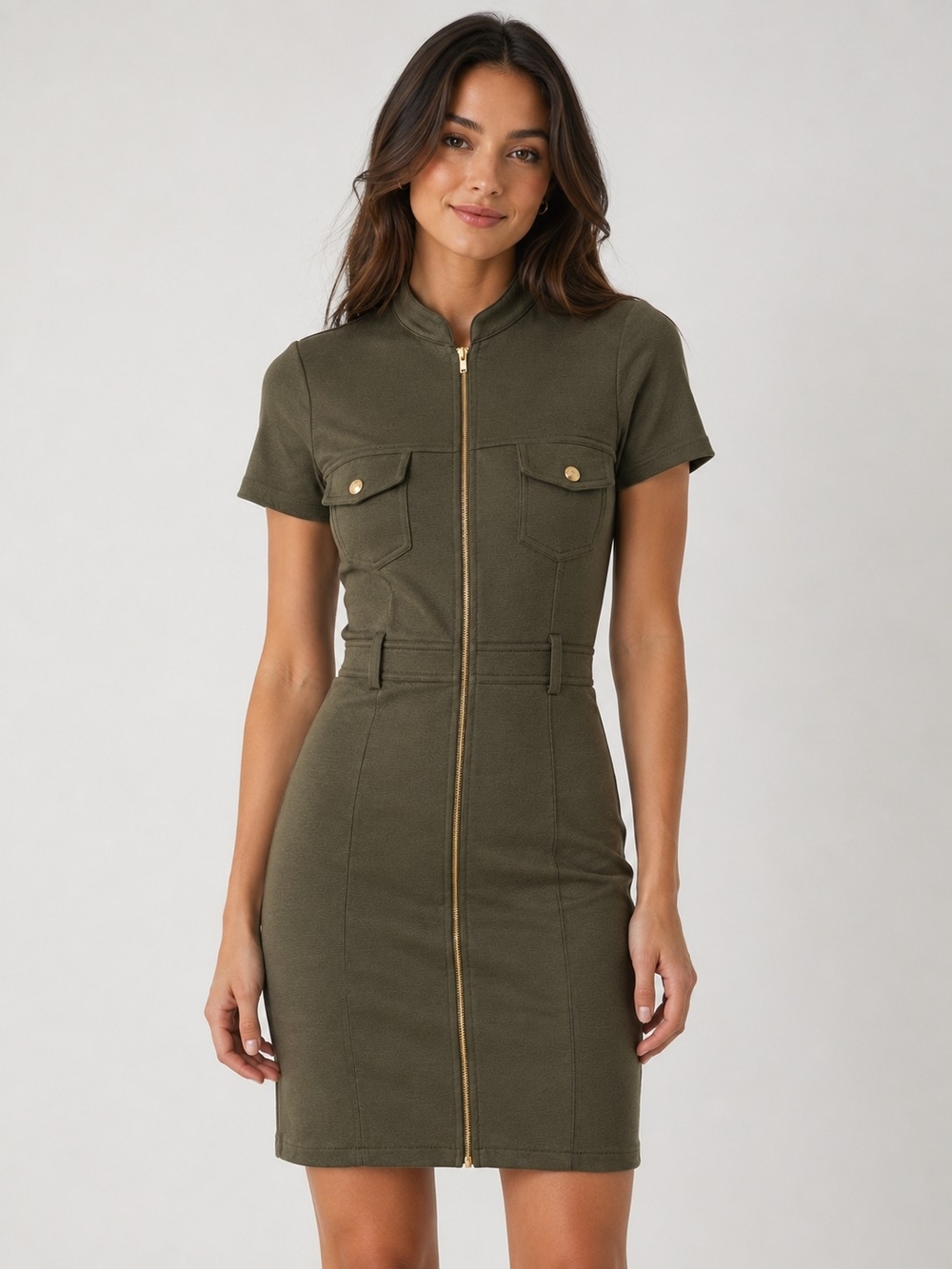 Guess Olive Green Zip-Front Mini Dress With Gold Hardware XS